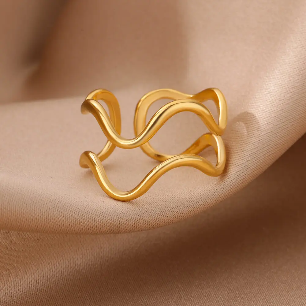 Wave Rings for Women Gold Color Premium Stainless Steel Ring 2024 Trend Twisted Geometric Couple Aesthetic Jewelry anillos mujer