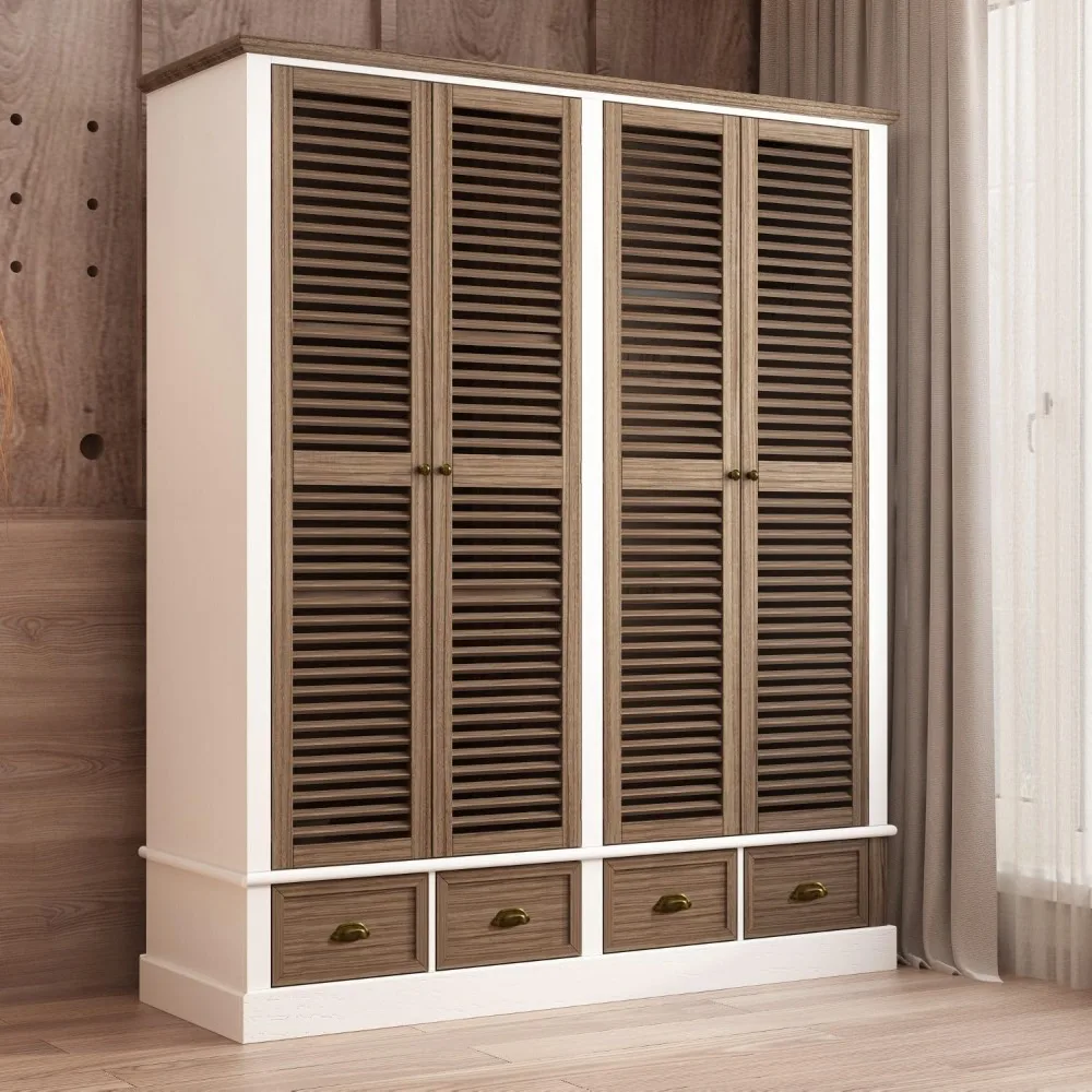 

Wardrobe with Louvered Doors, Bedroom Wardrobe with Hanging Bars, 4 Drawers and Shelves, Brown and White