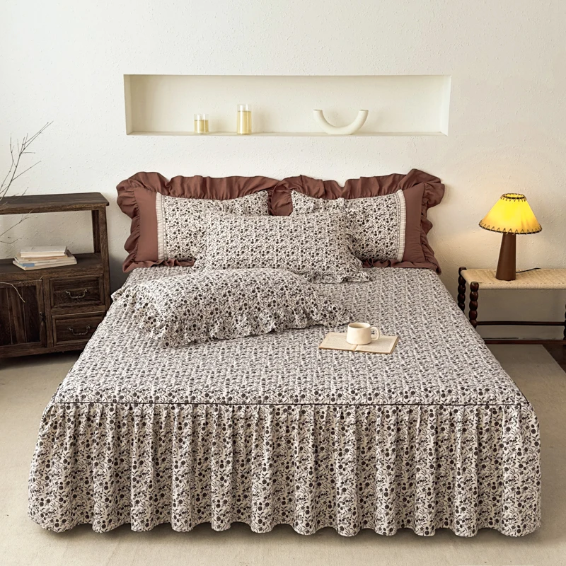 1PC Thickness Bed Skirt Quilted Flower Printed Bedskirts with Ruffles roupa de cama casal Floral Style Skirt(without Pillowcase)