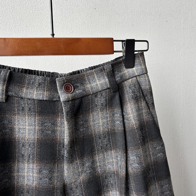 Autumn and Winter Versatile Straight Retro Woolen Plaid Wide-leg Pants Women's Casual Cropped Pants