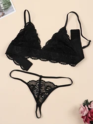 Varsbaby Women Lace Bra Brief Set 2pcs Wire Free Triangle Cup Brassiere Lace Sheer Panty for Women Romantic Underwear Lingerie