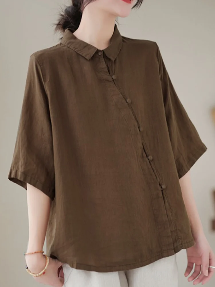 Cotton Linen irt Women Loose Chinese Sle ort Sve Button up Top Summer Faion Retro  Collar Pure Color Commute Wear