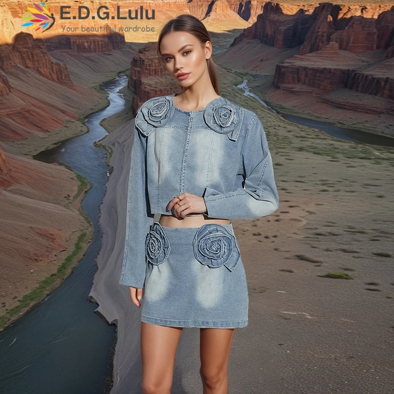 EDGLuLu 2025 Spring Trend New High Waist Three Dimensional Flowers A-Line Skirt Autumn Casual Korean Slim Denim Skirt Women 0108