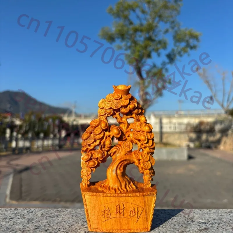 

Hand-Carved Cypress Wood Money Tree Sculpture - 5.5" Lucky Feng Shui Ornament for Home, Store Opening, Gift Decor
