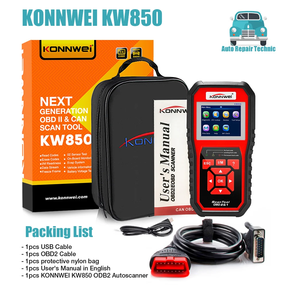 

KONNWEI KW850 Car OBD2 Scanner Professional Car Diagnostic Scanner Tools OBD 2 Check Engine Check Automotive Code Reader Battery