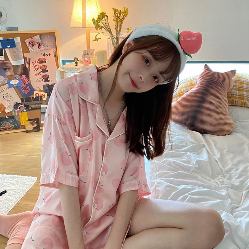 Peach Print Silk Pajamas Set Women Single Breasted Shirts + Shorts Casual Two Piece Home Suit Kawaii Korean Sleepwear Thin