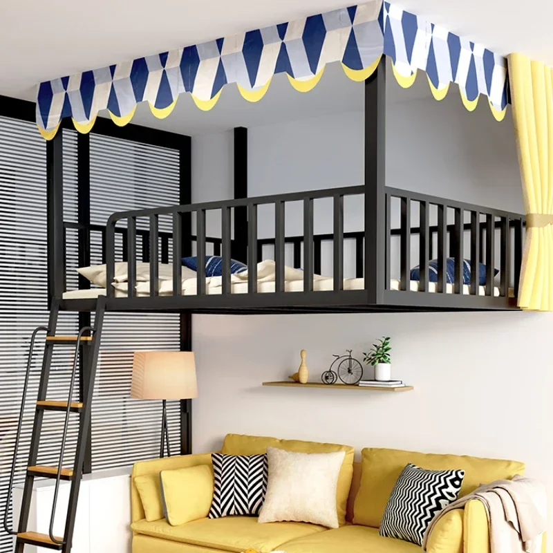 A Wrought iron hammock space saving elevated bed loft bed dormitory double rental room apartment bed sheet upper floor