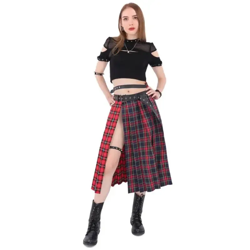 DAZCOS Belted Plaid Side Split Midi Skirt Two-tone Dress with Buckle Belt Low Waist Plaid Slit Thigh Midi Skirt for Women