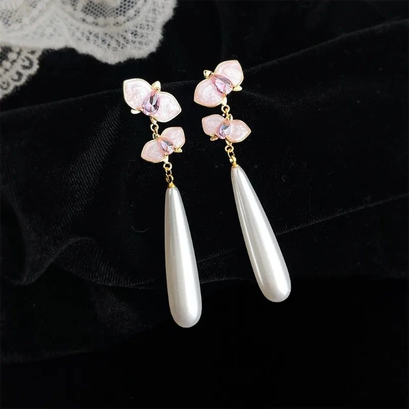Fashion Romantic Pink Moth Orchids Flower Shaped Long Style Earrings for Women Teardrop-shaped Pearl Pendant Luxury Jewelry Gift