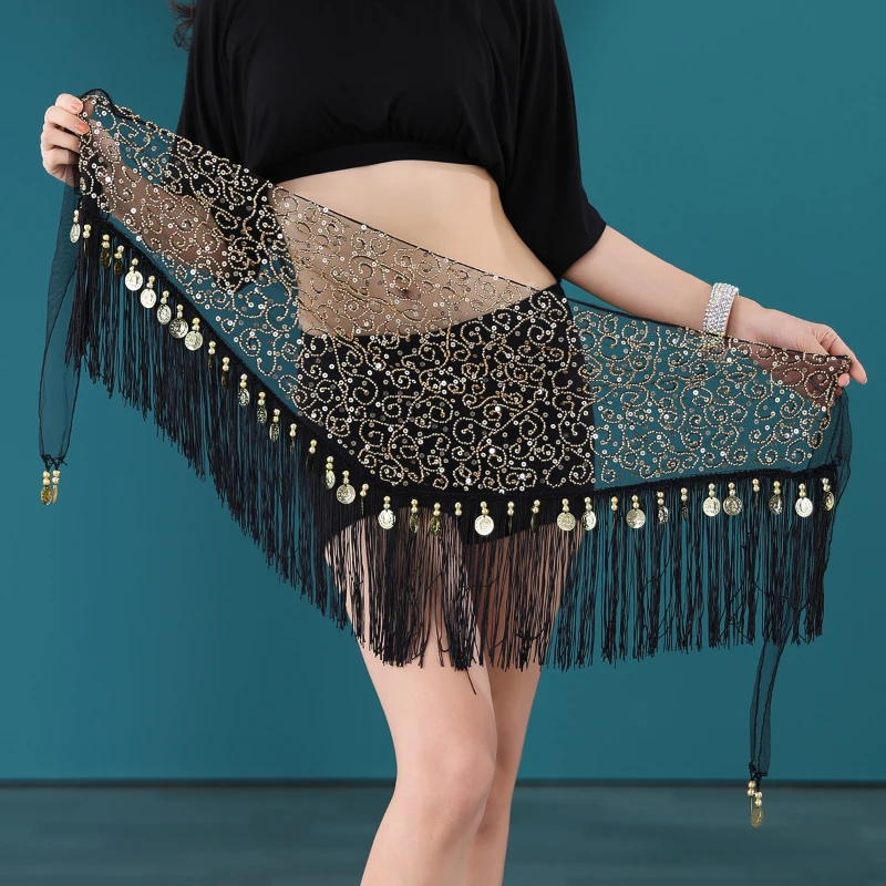 New Belly Dance Belt Hip Scarf Triangle Mesh Sequins HipTowel Multi Layer Tassel Beaded Waist Chain Group Versatile Practice