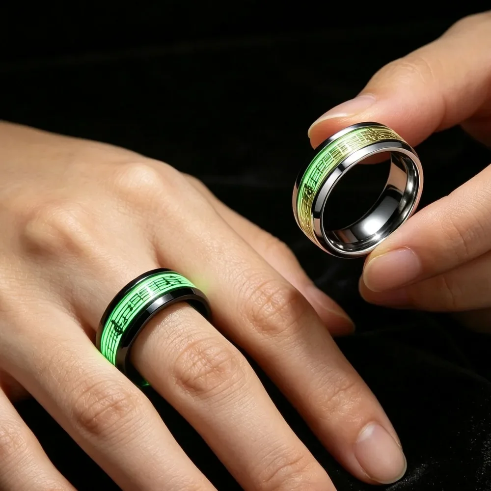 Men Stainless Steel Luminous Ring Glow In The Dark Piano Music Symbol Stave Pattern Fashion Jewelry