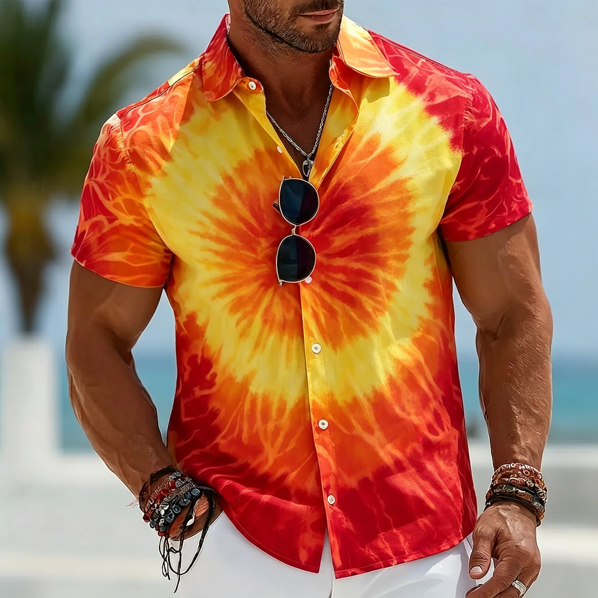 Tie Dye Print Short Sleeve Shirt, Casual Button Up Tops, Retro Hippie Style For Spring & Summer