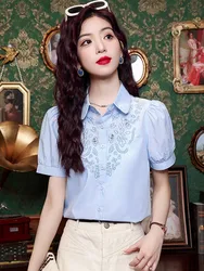 SMTHMA 2024 New Summer China Style Embroidered Hollow Out Short Sleeved Shirt Women's Turndown Collar Fashion Solid Tops