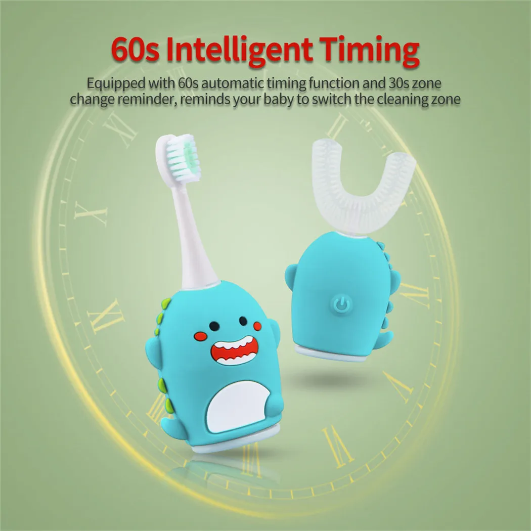 CkeyiN Ultrasonic Electric Toothbrush for Kids U-Shaped Sonic Automatic Teeth Brush Silicone Toothbrush Children Blue Light