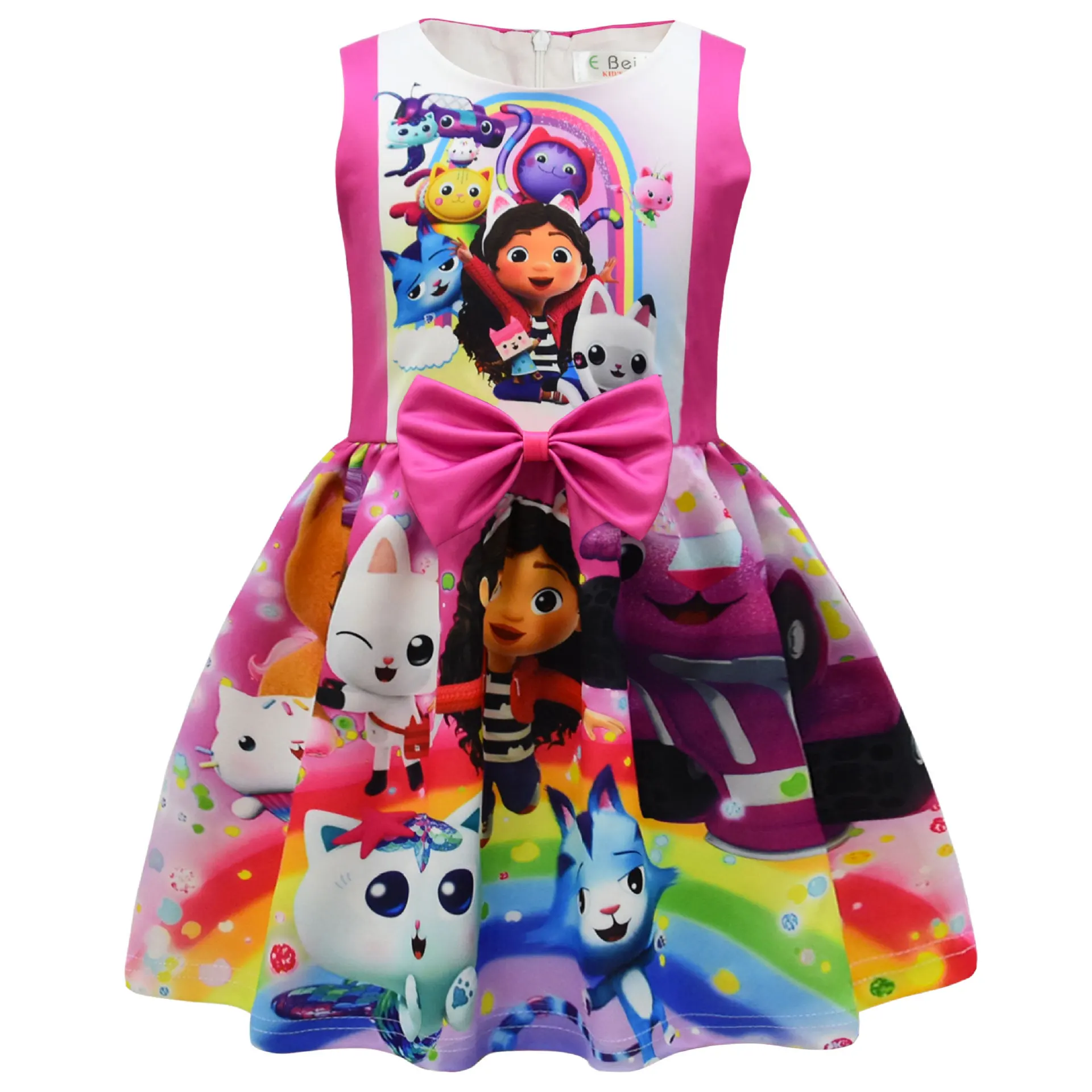 Kids Girls Anime Cartoon Cat Animal Print Princess Sleeveless Bow Dress Outfit Halloween Cosplay Costume