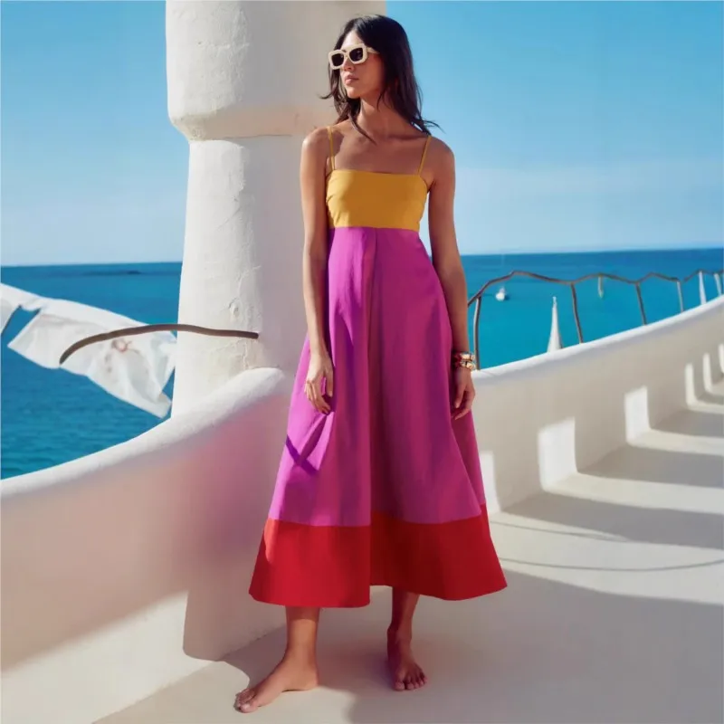 

2025 Vacation Style Patchwork Long Dress Women Summer Sexy New Fashion Casual Holiday Spaghetti Strap Party Sleeveless Dresses