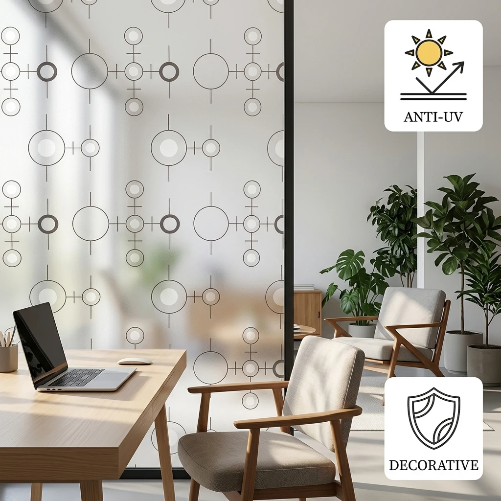 Modern Geometric Circle Pattern Self-Adhesive Window Film Frosted Privacy Anti-UV Heat Control Opaque Glass Sticker for Home Dec