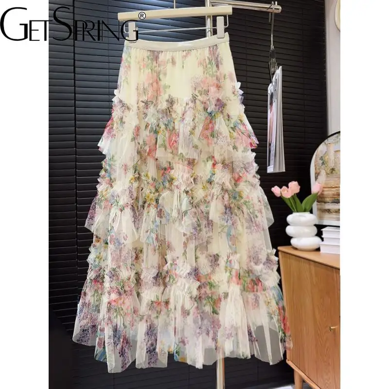 GetSpring Women Skirt 2024 Autumn Mesh Stitching Fairy Large Hem Floral Printed Skirt Fashion All Match Loose Casual Long Skirts