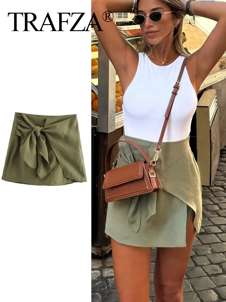 TRAFZA Summer Women's Fashion Green Skirt A-Line High Waist Zipper Mini Skirts Woman Elegant Female Pleated Shorts Streetwear