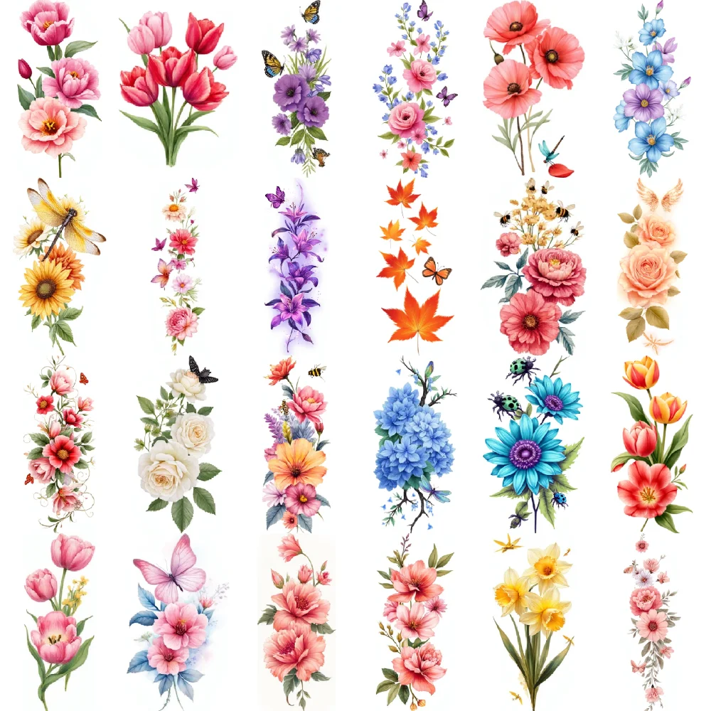

9pcs Temporary Tattoo Temporary Tattoo Stickers Yellow Flowers With Bees Pink And White Roses Sunflowers With Dragonfly For