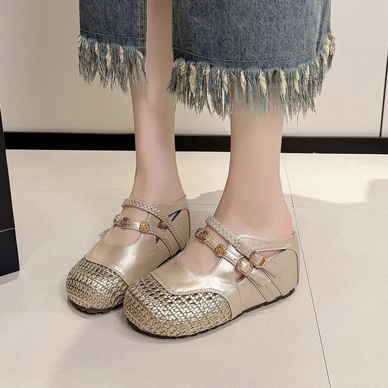 Black Woven Hollow out Leather Version 8cm Heightening Mary Jane Flat Sandals Women's 2026 Outdoor Wear Thick Heel Slip-On Shoes