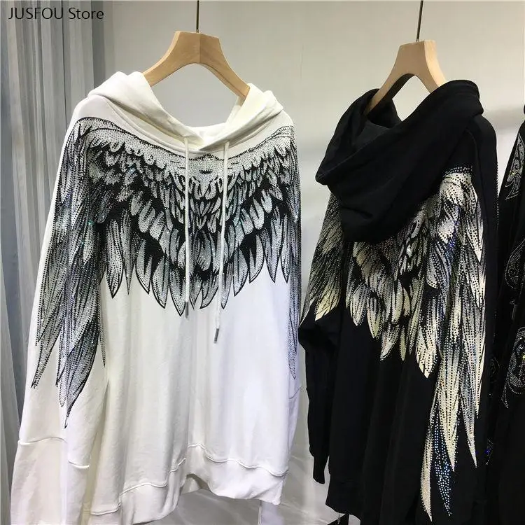 Women Hooded Jacket Rhinestone Large Wings On Front and Back Long Sleeve Loose Casual Streetwear Hoodie Sweatshirt