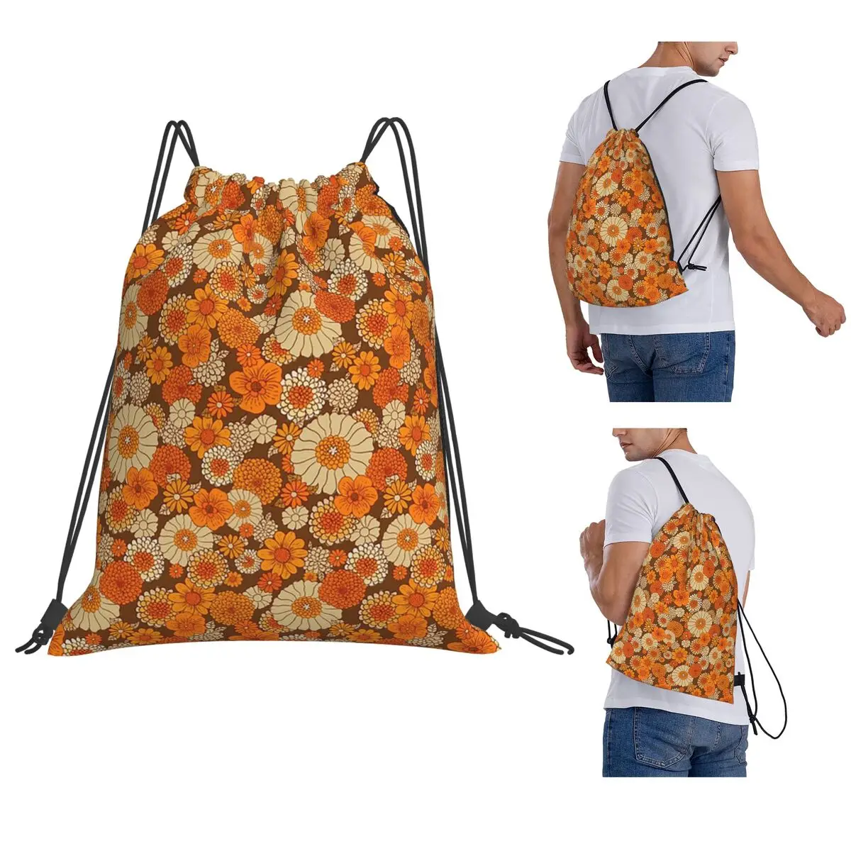 70s Retro Daisies Vintage Flower Power Orange And Brown Boho Backpacks Portable Drawstring Bundle Pocket Sundries Bag Book Bags