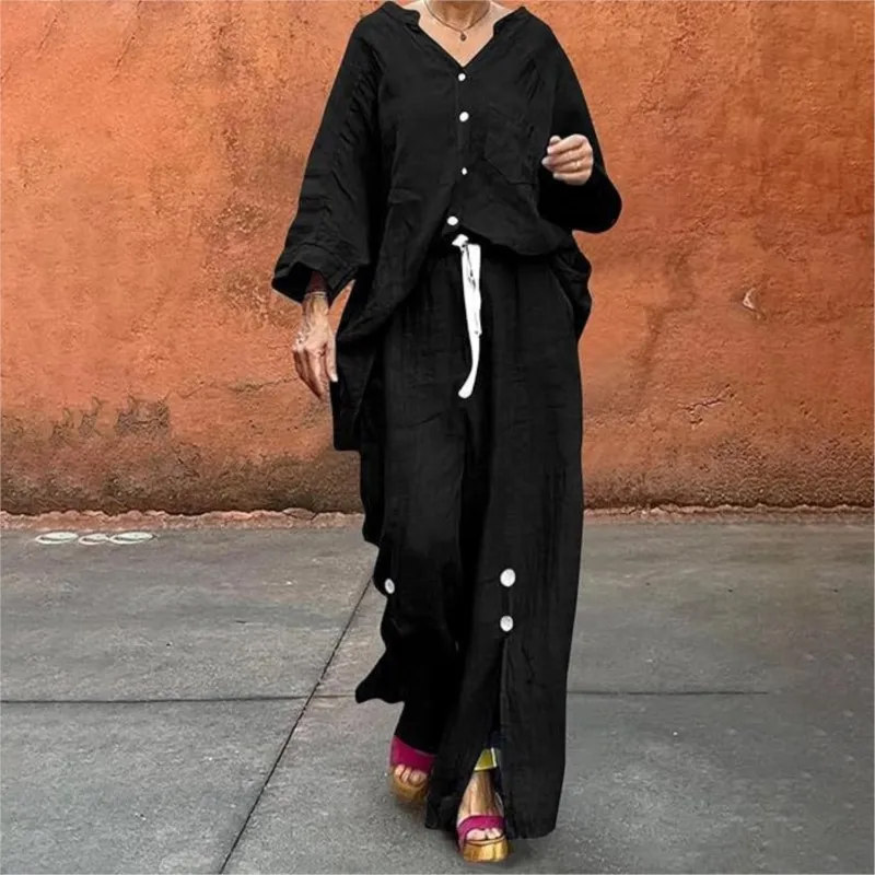 Solid Color V-neck Long Sleeved Single Breasted Cardigan Top Tie Up Waist Pants Two-piece Set Spring Autumn New Women's Clothing