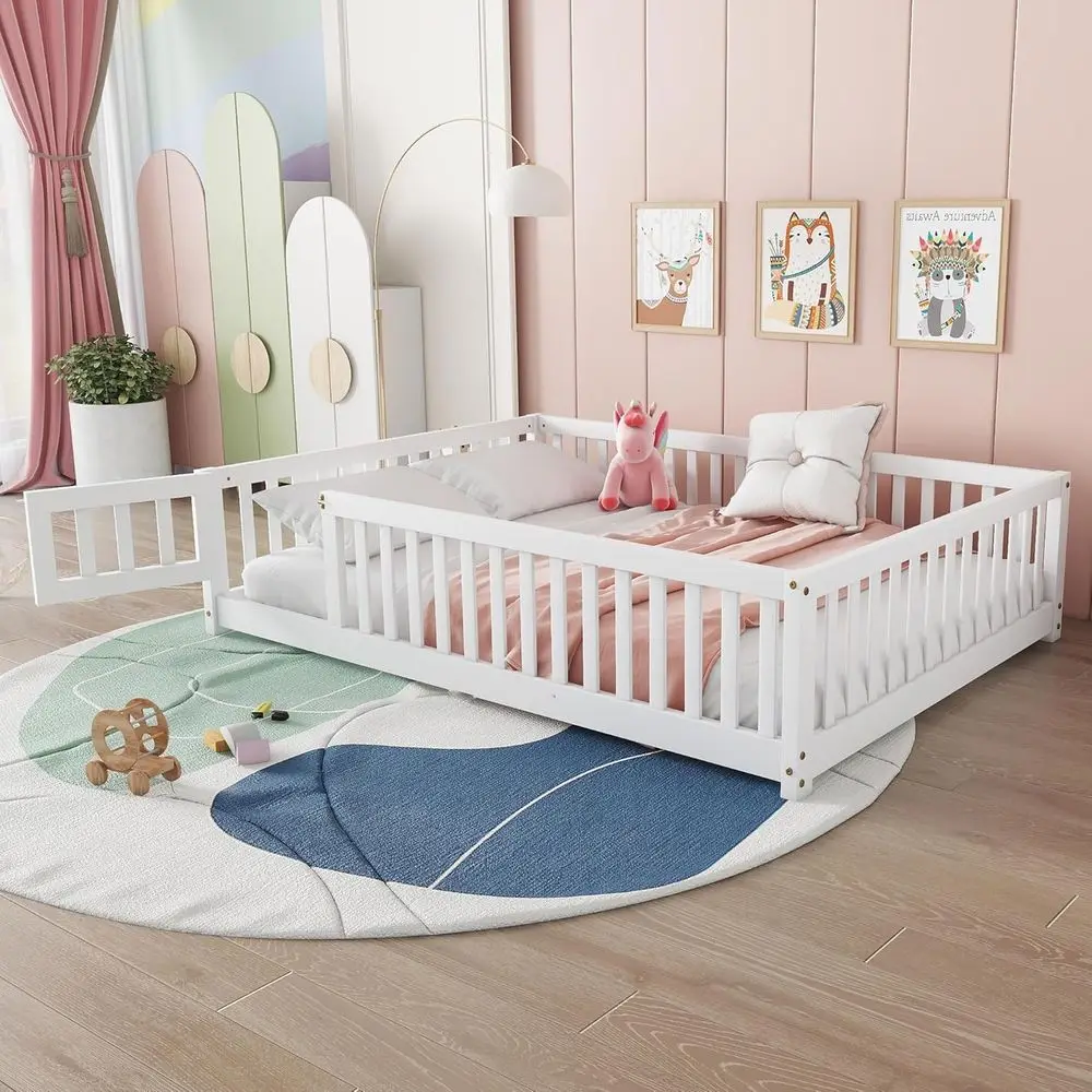 

Полноразмерная напольная кровать с ламелями и центральной опорой, белая, с ящиками и дверцей