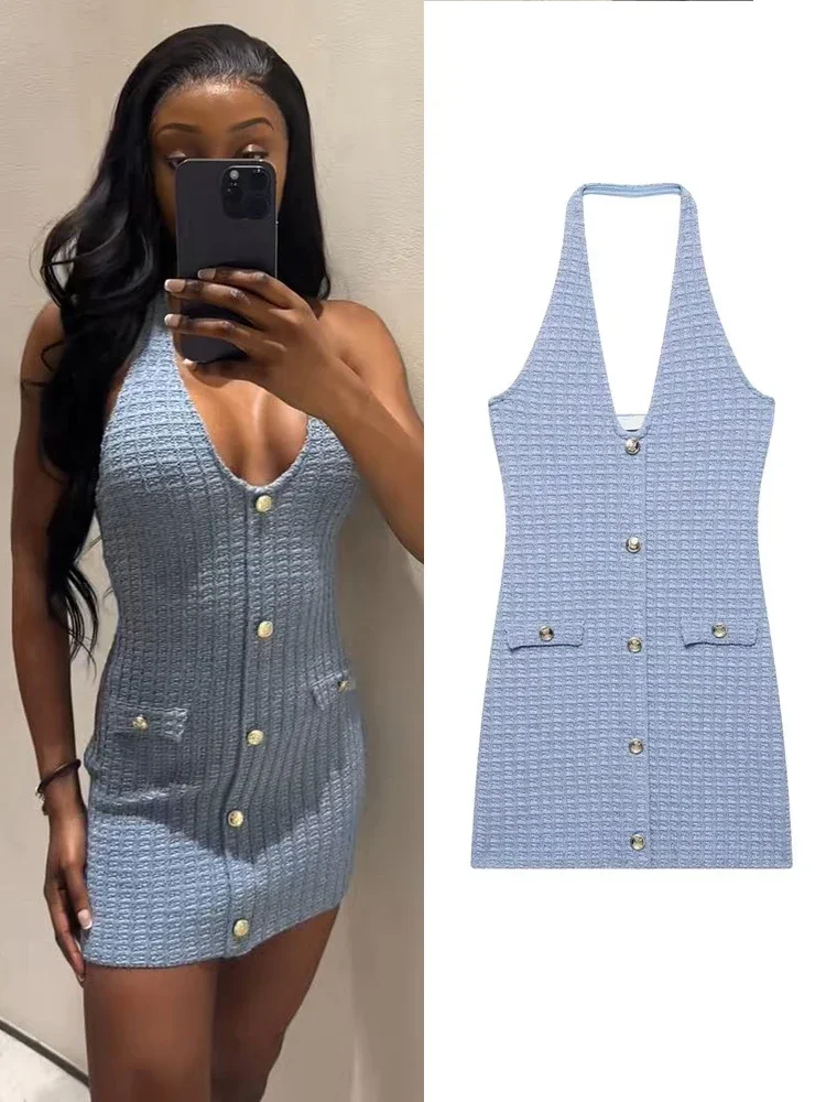 

Fashion Tweed Knitted Halter Mini Dress For Women Y2K Slim Sleeveless Backless Bodycon Dress Summer Vacation Party Chic Vestidos