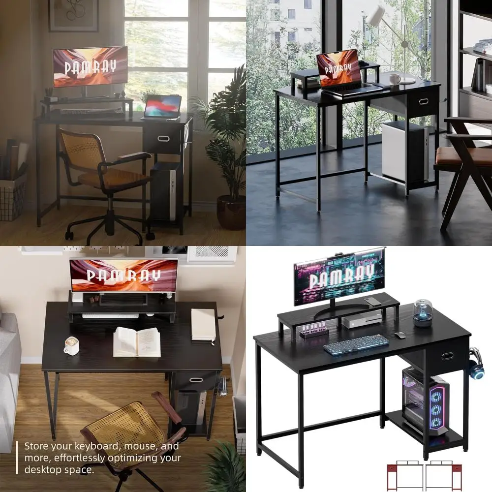 39 Inch Computer Desk with Monitor Stand Small Home Office Desks with Non-Woven Storage Drawer for Bedroom Study Table Writing a