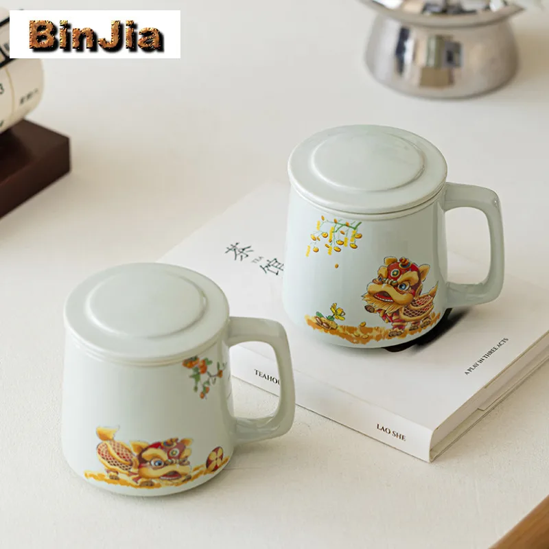 

300ml Hand Painted Lion Filter Tea Separator Cup Retro Tea Mug With Infuser Household Tea Soaking Office Water Cup Tea Services