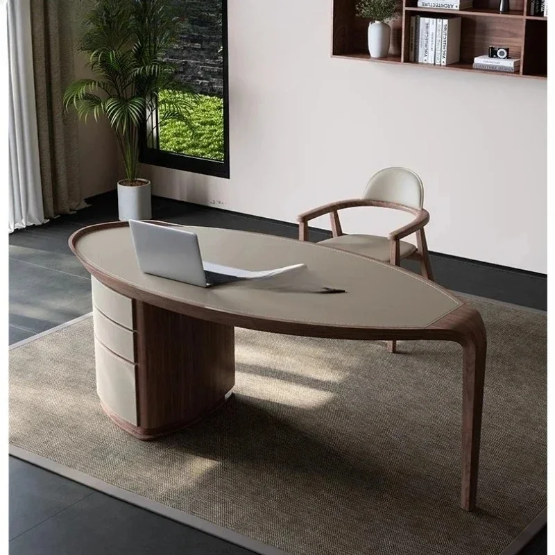 

B Retro solid wood saddle leather desk, high-end desk Italian study writing desk