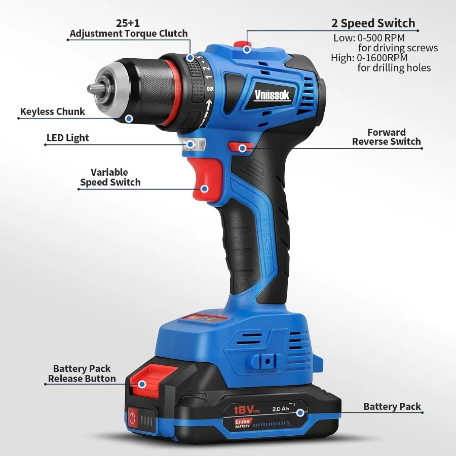 Set Bor Tanpa Kabel 18V Brushless Power Impact Driver dengan Baterai dan Pengisi Daya 3 8 Chuck Tanpa Kunci Bor Driver Kecepatan Variabel Bit
