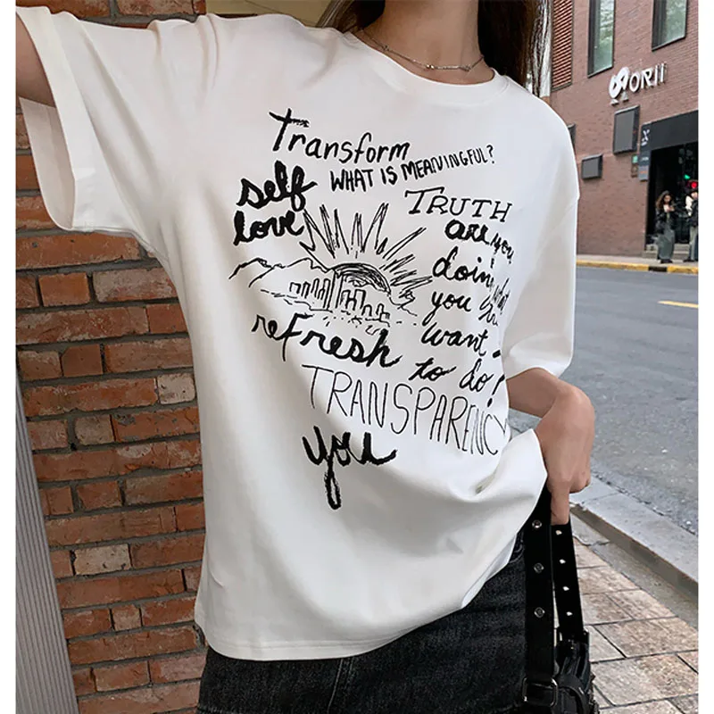 

Vintage Hand Painted Graffiti Printed T-shirt Women Y2k Short-sleeved Loose Casual Retro Shirt Oversized Women's Summer Clothes