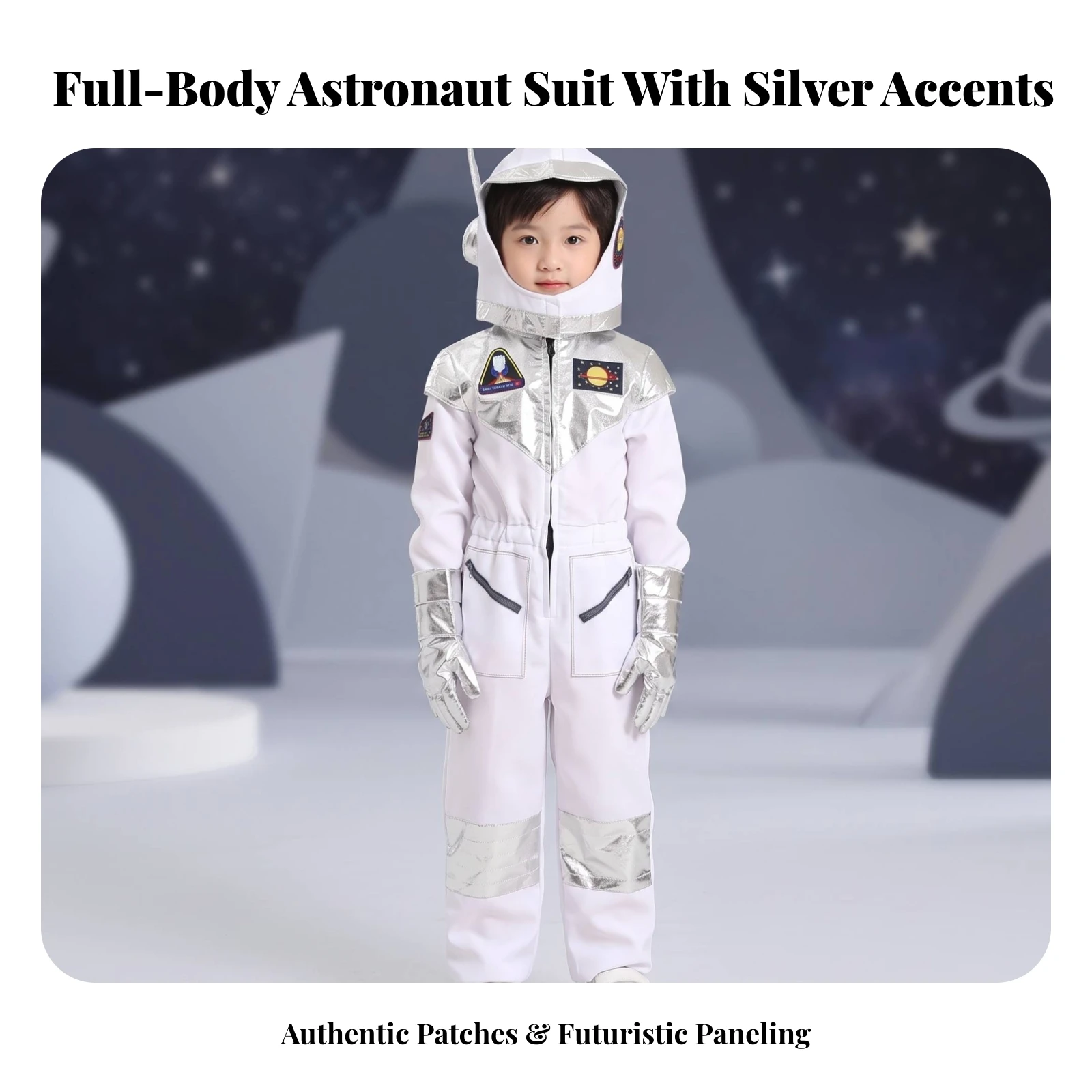 Astronaut Costume Full-Body Astronaut Jumpsuit with Hood Space Suit Hooded Coverall Metallic for Children, Halloween