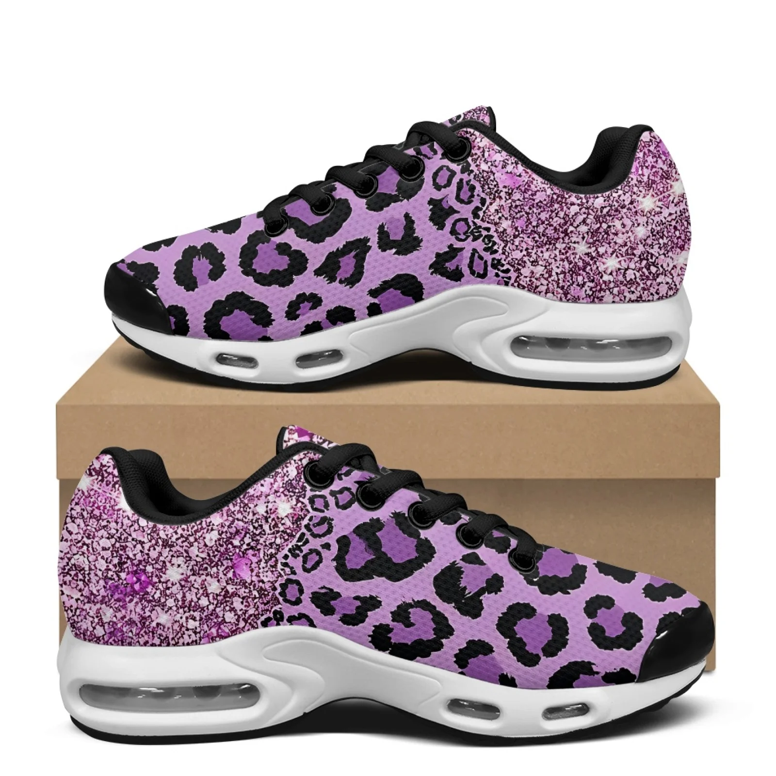 PENSTROLL Purple Leopard Glitter Men's Air Running Shoes, Lightweight Lace-Up Mesh Sneakers with Air Cushion for Walking