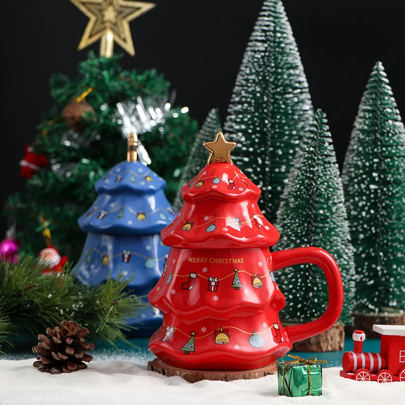 450ML Ceramic Mug Christmas Tree Shape Mug with Lid Holiday Water Cup Coffee Cup Couple Boys and Girls Gift Cups