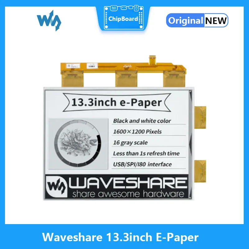 Waveshare-E-Paper Raw Display para Raspberry Pi, sem PCB, 16 escalas cinzas, porta paralela, 1600x1200 pixels, preto e branco, 13.3in