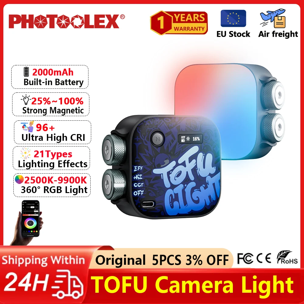 PHOTOOLEX 2000 мАч Полноцветный RGB-видеосвет 2500K-9000K, магнитный мини-светодиодный портативный светильник для камеры для прямых трансляций и видеоблогов
