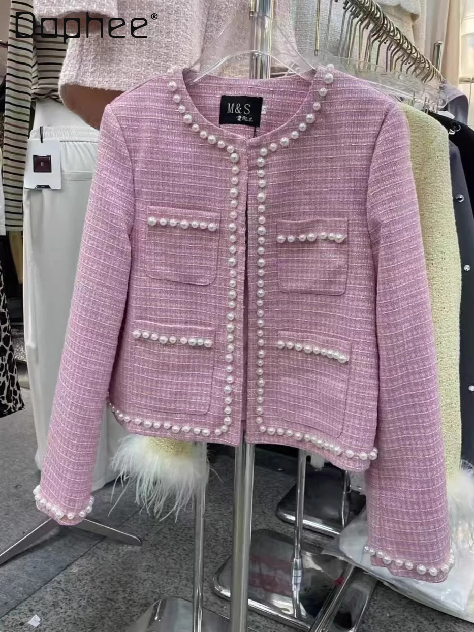 

Autumn New French Style High-End Fashion Pink Wool Coat Sweet Pearl Patchwork Round Neck Single-Breasted Loose Short Coat Women
