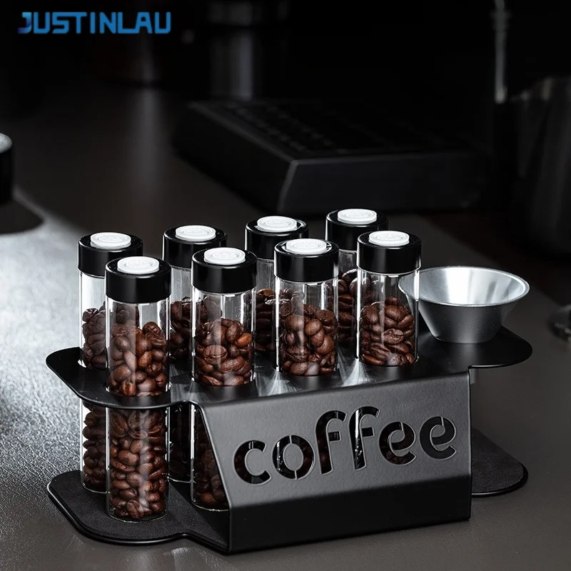 JUSTINLAU Coffee Bean Sealed Jar Display Stand Transparent Storage Canister Test Tube Rack with One-way Degassing Valve Barista