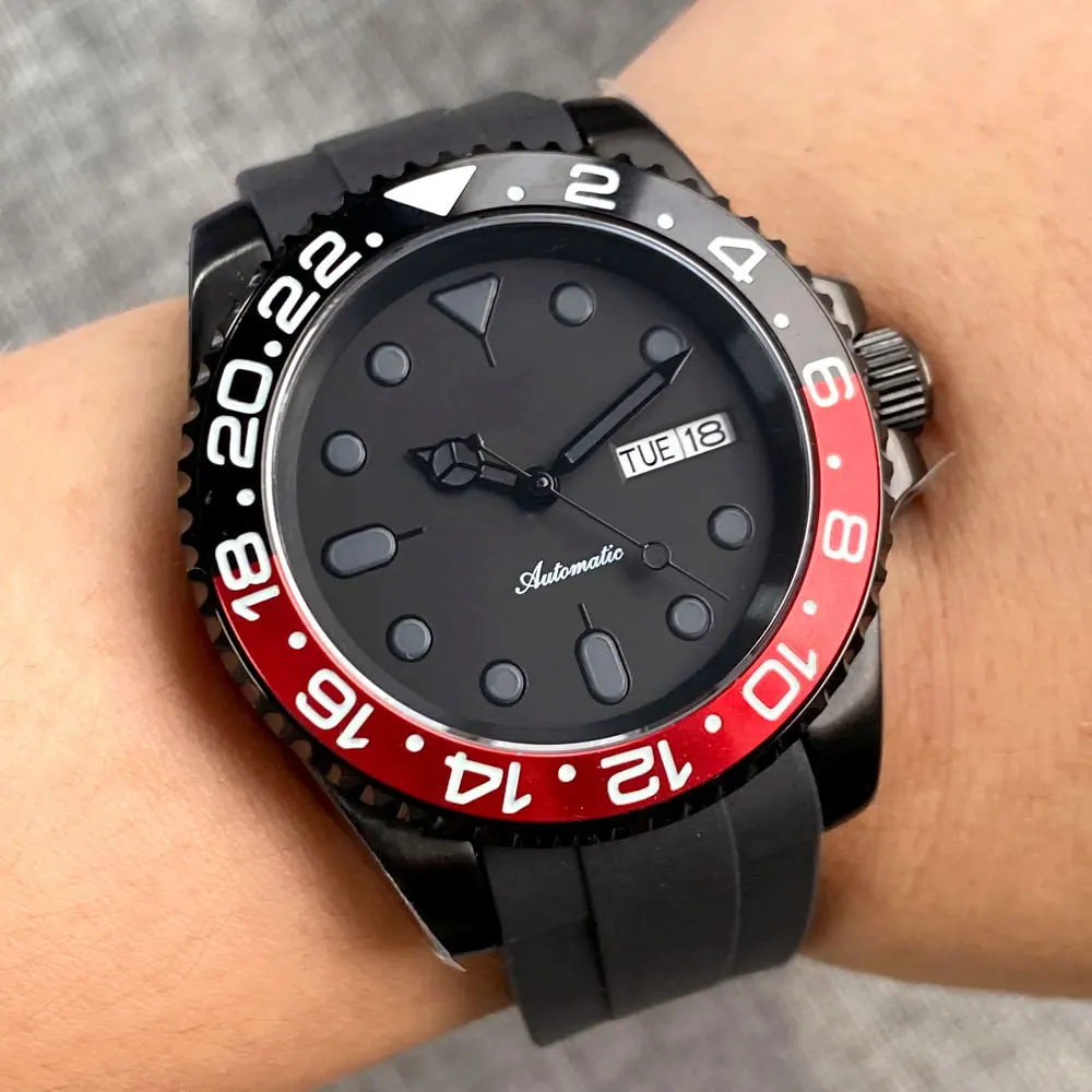 Tandorio 200 m wasserdichte NH36A schwarzes Zifferblatt automatische Herren-Schwimm-Taucheruhr Slide Glide Lock Stahlarmband PVD-Gehäuse Datum Woche Anzeige