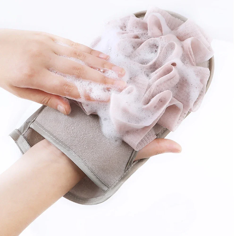 Guantes de baño portátiles de doble cara, esponja exfoliante de ducha, cepillo de limpieza corporal, Bola de malla de masaje, herramienta de baño, 1