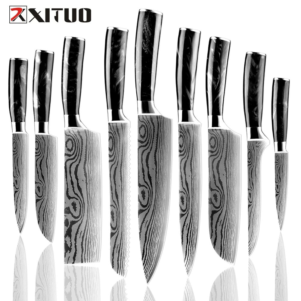 XITUO Küchenmesser-Set, 1-9-teilig, Kochmesser, Laser-Damaszener-Muster, scharfe Santoku-, Hack-, Schneide-, Allzweck- und Obstmesser zum Kochen