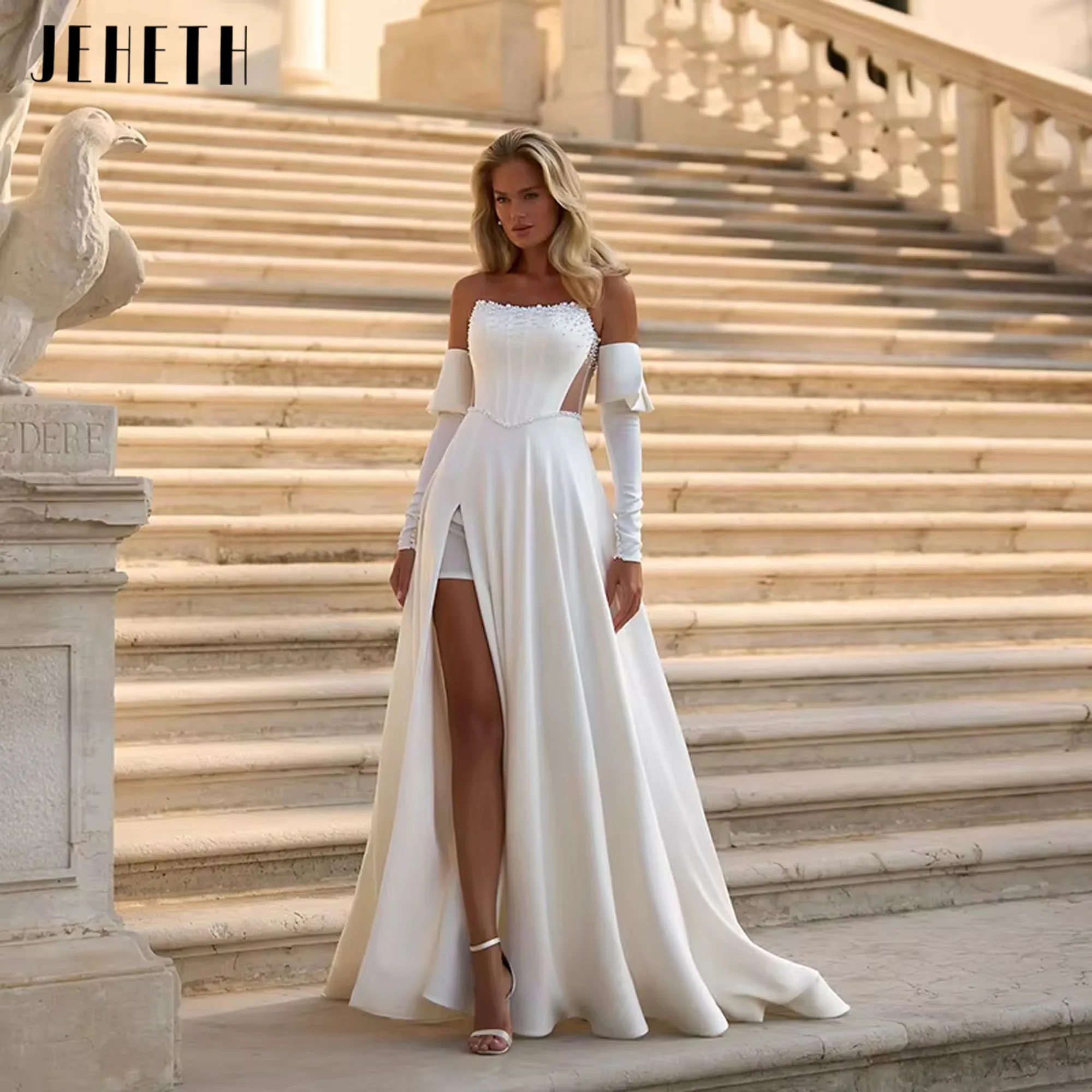 

JEHETH A-Line Princess Sexy Wedding Dresses White Strapless Side Slit Bridal Dress Women Wedding Ball Prom Gowns 2025 Customized