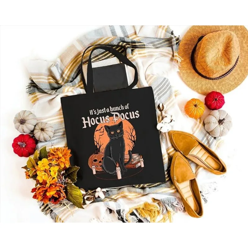 It\'s Just A Bunch of Hocus Pocus Halloween Canvas Tote Bag for Women Halloween Black Cat Graphic Halloween Decoration Party Gift