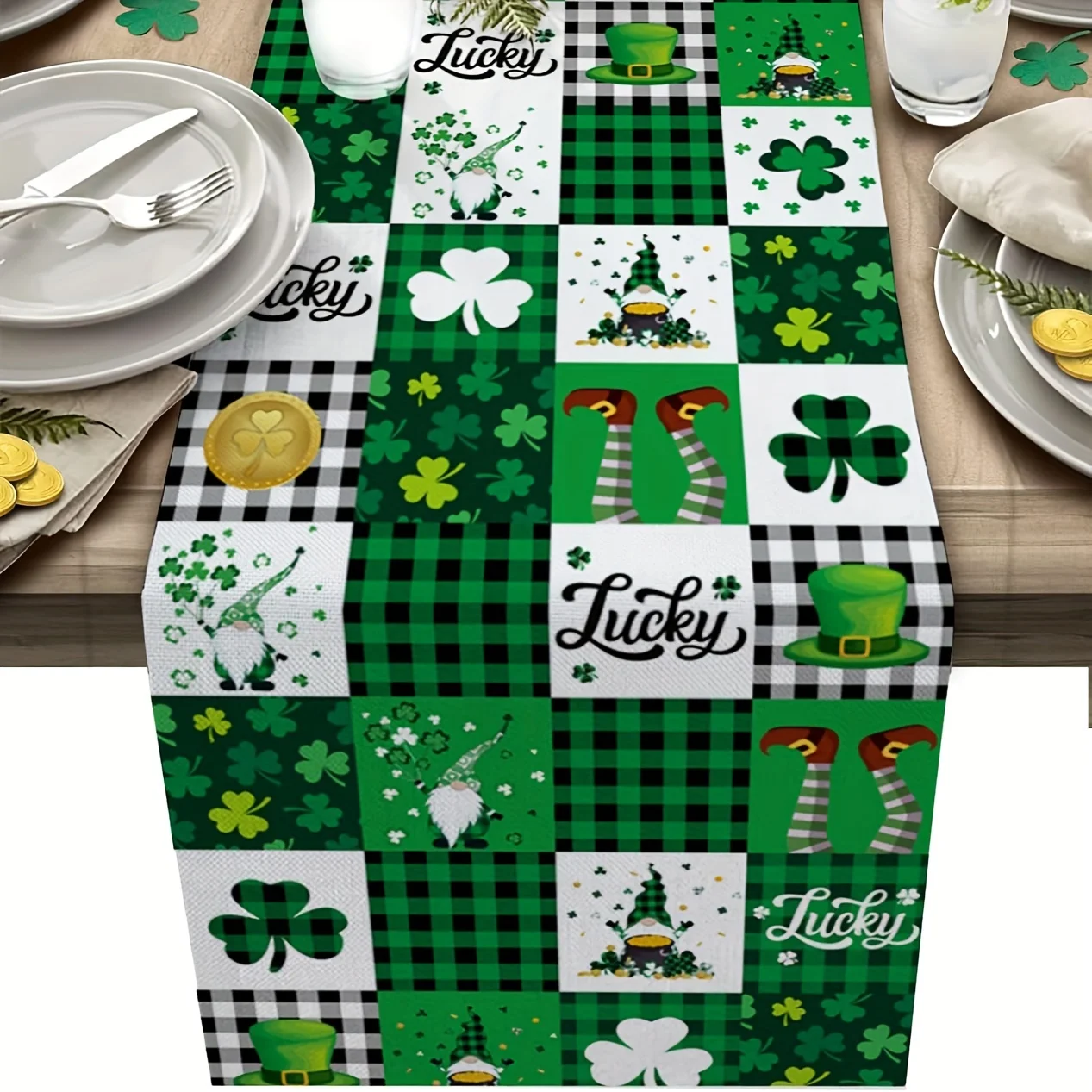 St Patrick Day Lucky Clover Gnome Table Runner - Green Black White Buffalo Plaid Runner for Holiday Kitchen & Dining Decor
