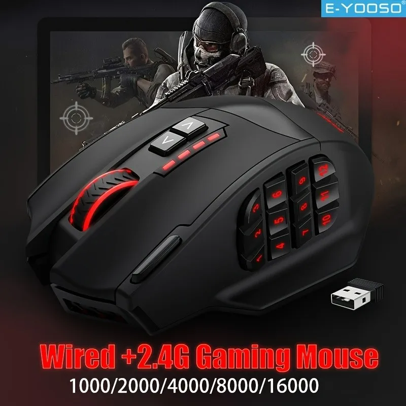 FocusOnPC X-33 2.4G Wireless & Wired Gaming Mouse with 16000 DPI 16 Programmable Buttons RGB Lighting for PC Computer Notebook