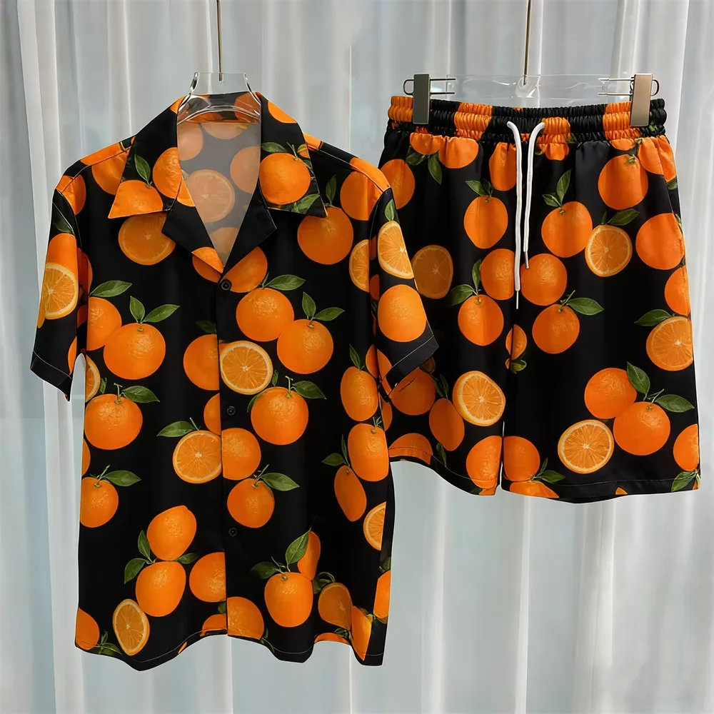 Summer Orange 3D Print Men Shirt Sets Fashion Short Sleeve Shirt Oversized Casual Beach Shorts Streetwear Hawaiian Suits Clothes